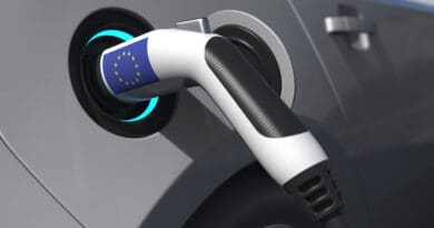 Charging plug in an electric car with flag of the european union