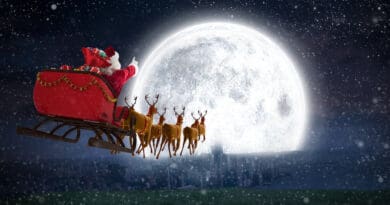 Santa Claus riding on sleigh with gift box against bright moon over city