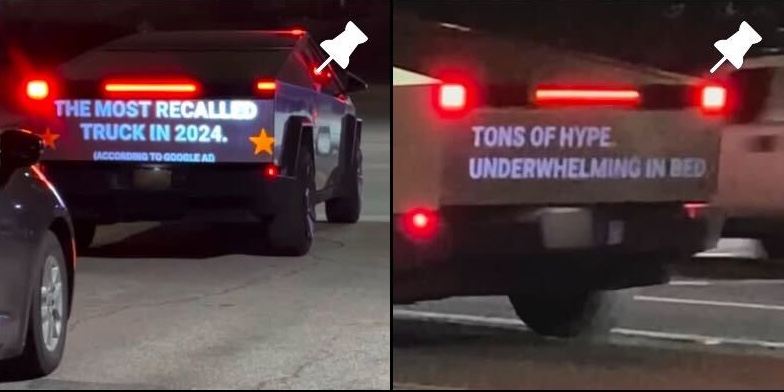 anti-tesla-messages-projected-on-tesla-cybertruck-tailgate-by-cybertruck-hunters