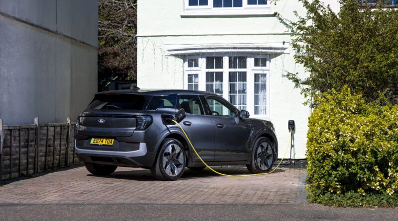 Ford Explorer electric car charging outside a house