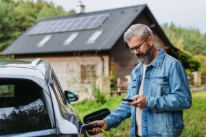 man charging his EV in front of a house with solar panels