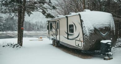 ravel trailer parked at snowy lakeside campsite