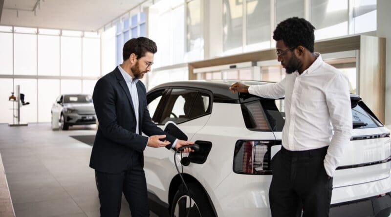 car dealer and customer with volvo ex30